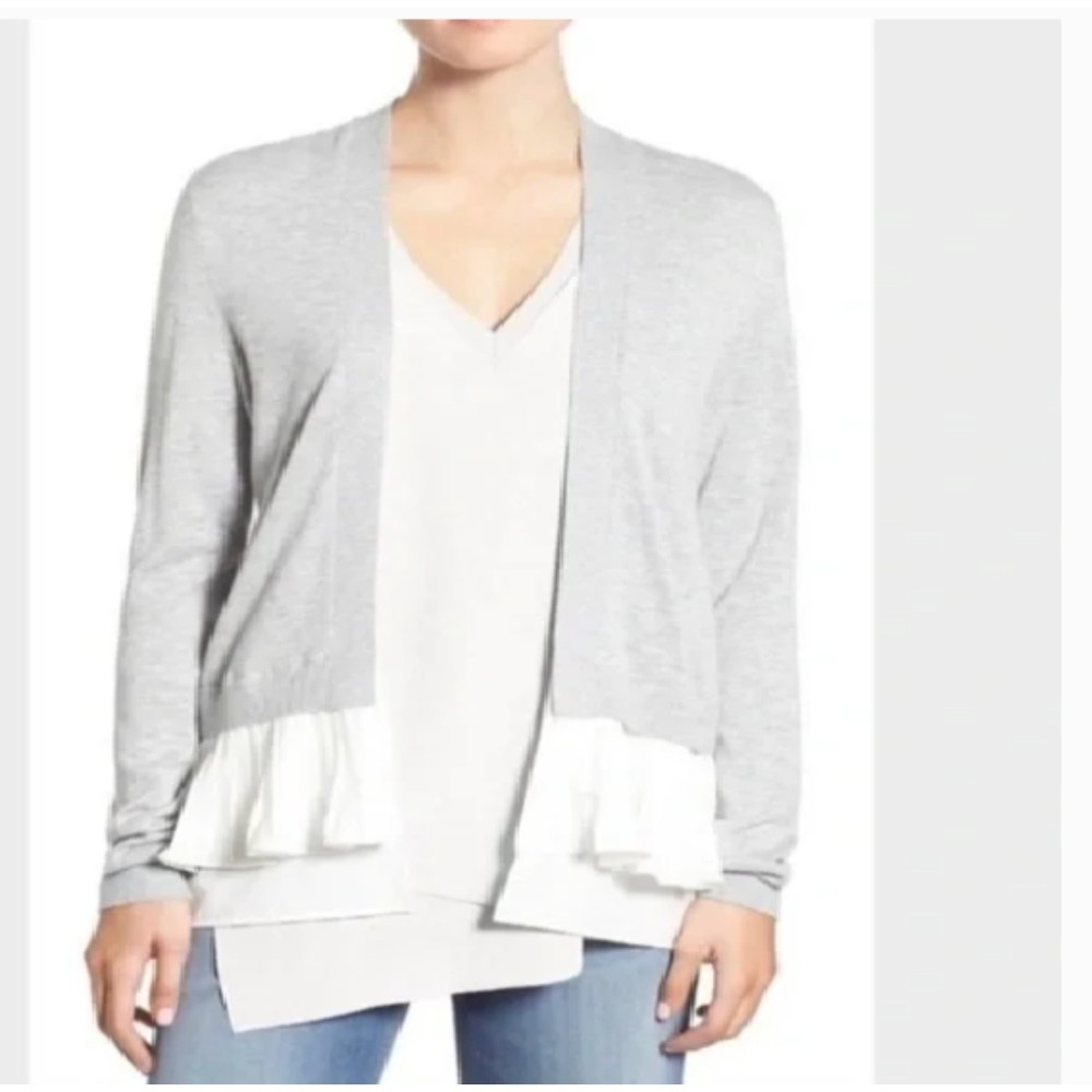 Chelsea28 Viscose Cashmere Blend Grey and Cream Ruffle Cardigan XXS